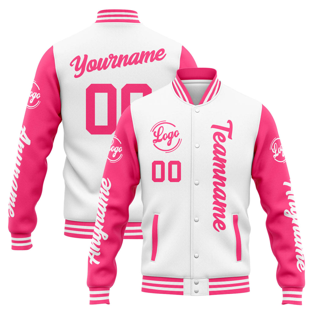 Custom Varsity Jacket Letterman jacket for Men, Women and Youth White Pink enthsush