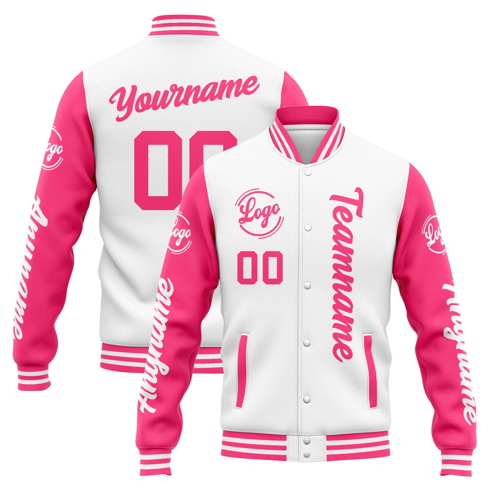 Custom Varsity Jacket Letterman jacket for Men, Women and Youth White Pink enthsush