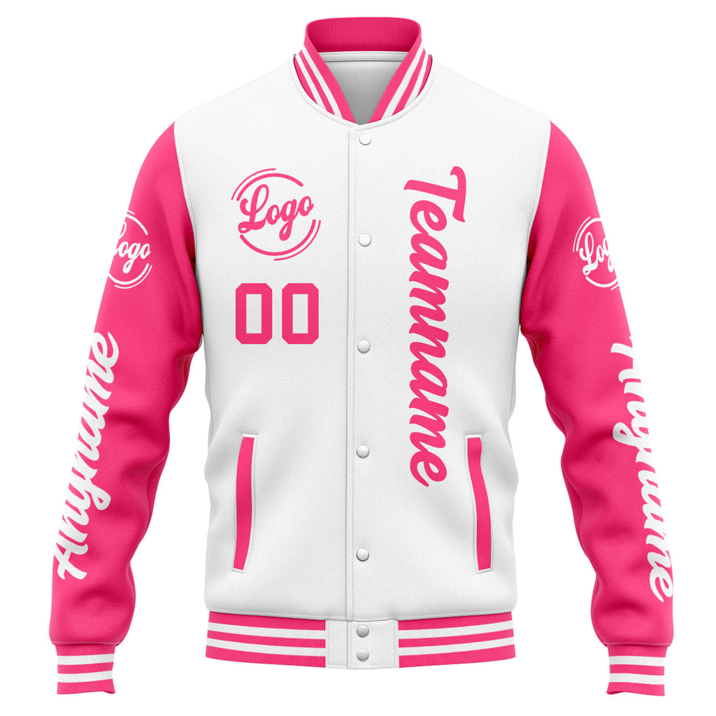 Custom Varsity Jacket Letterman jacket for Men, Women and Youth White Pink enthsush