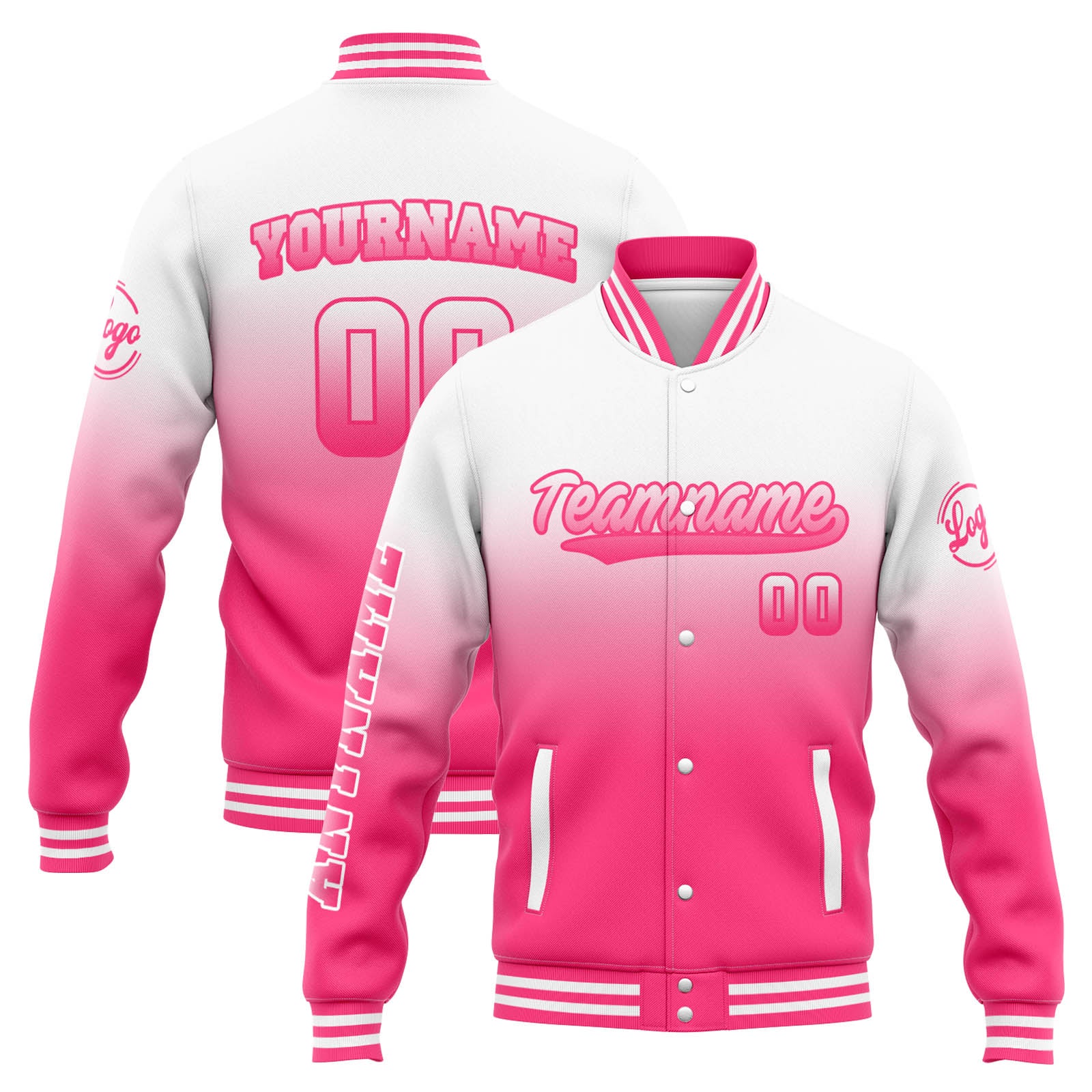 Custom Varsity Jacket Letterman jacket for Men, Women and Youth White Pink Gradient enthsush