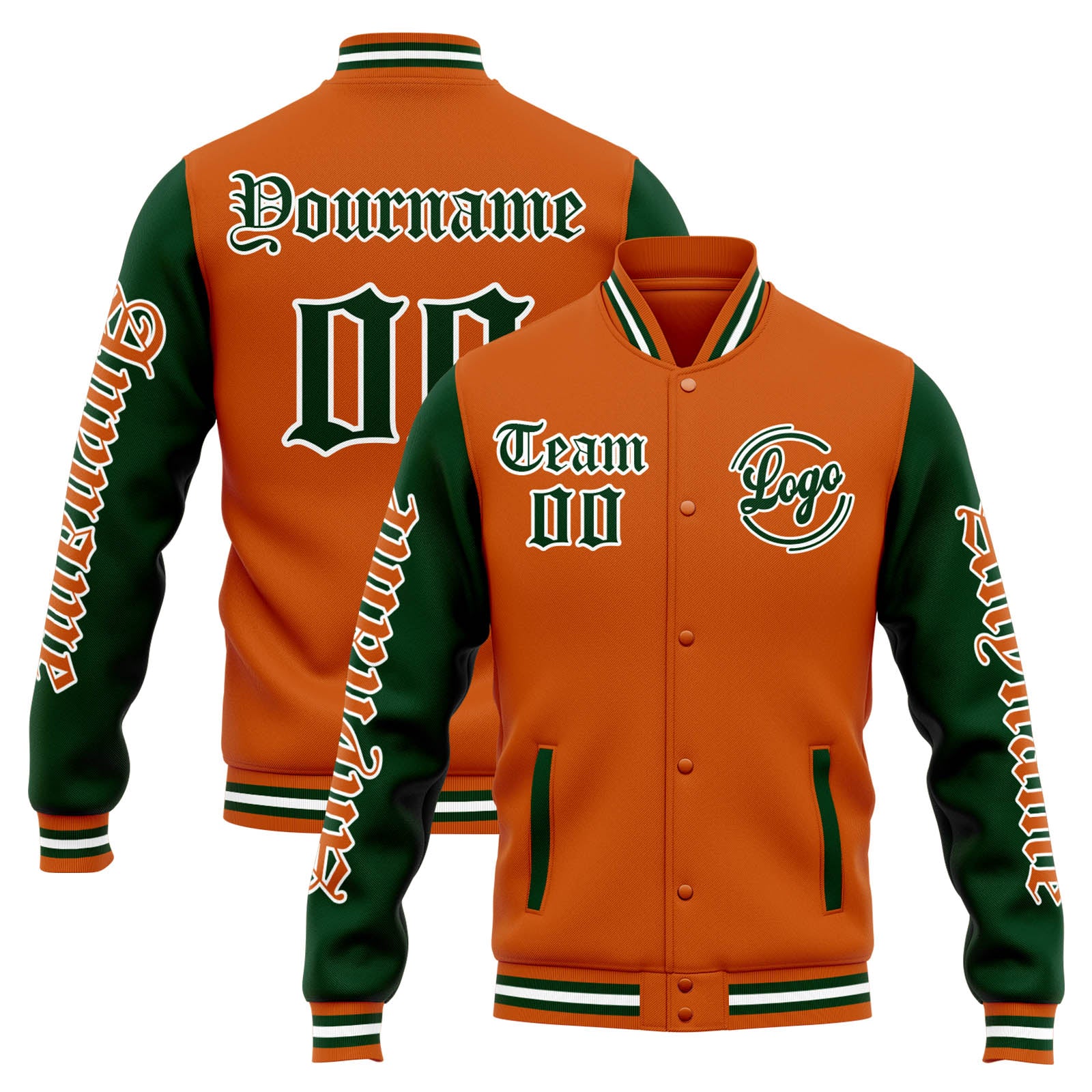 Custom Varsity Jacket Letterman jacket for Men, Women and Youth Orange Dark Green enthsush
