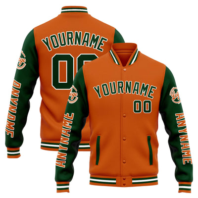 Custom Varsity Jacket Letterman jacket for Men, Women and Youth Orange Dark Green enthsush