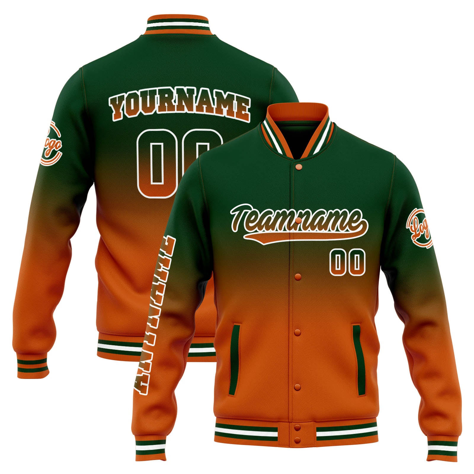 Custom Varsity Jacket Letterman jacket for Men, Women and Youth Drak Green Orange Gradient enthsush