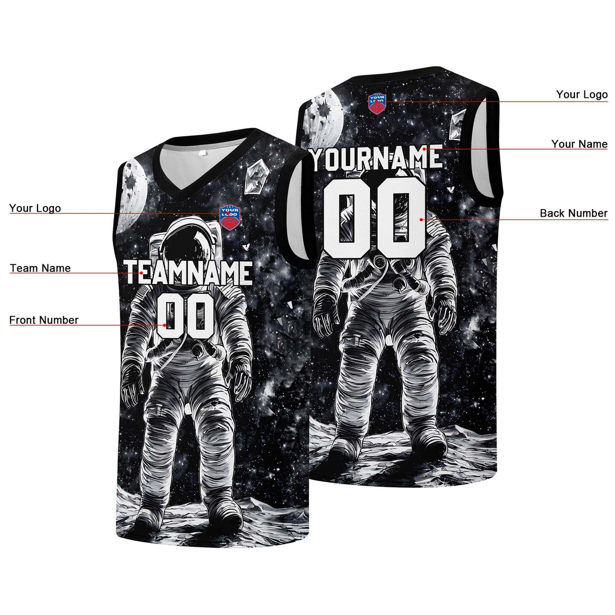 Custom basketball jersey for men and women. Stitched and printed name, number and logo Black&White enthsush