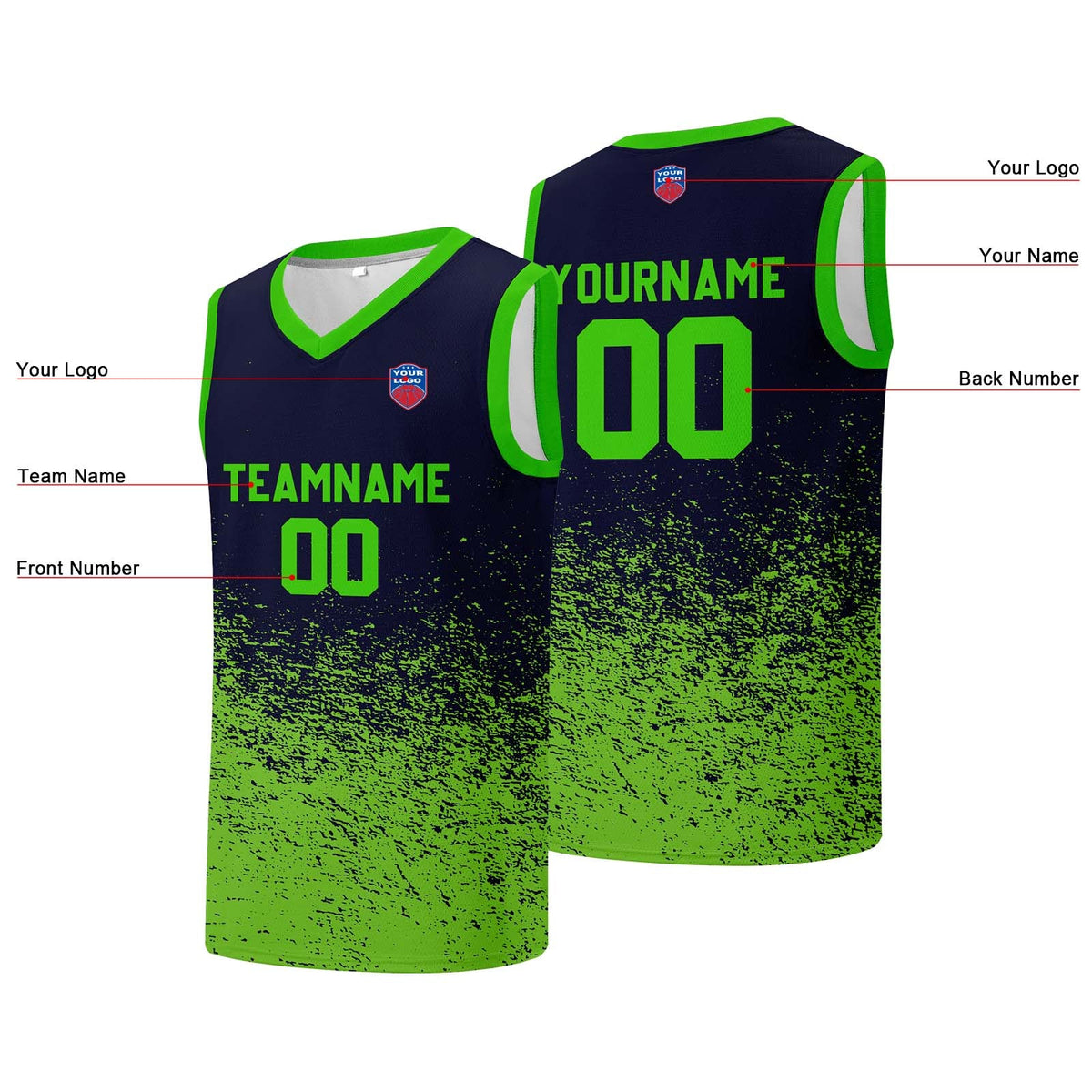 Custom basketball jersey for men and women. Stitched and printed name, number and logo Navy&Neon Green enthsush