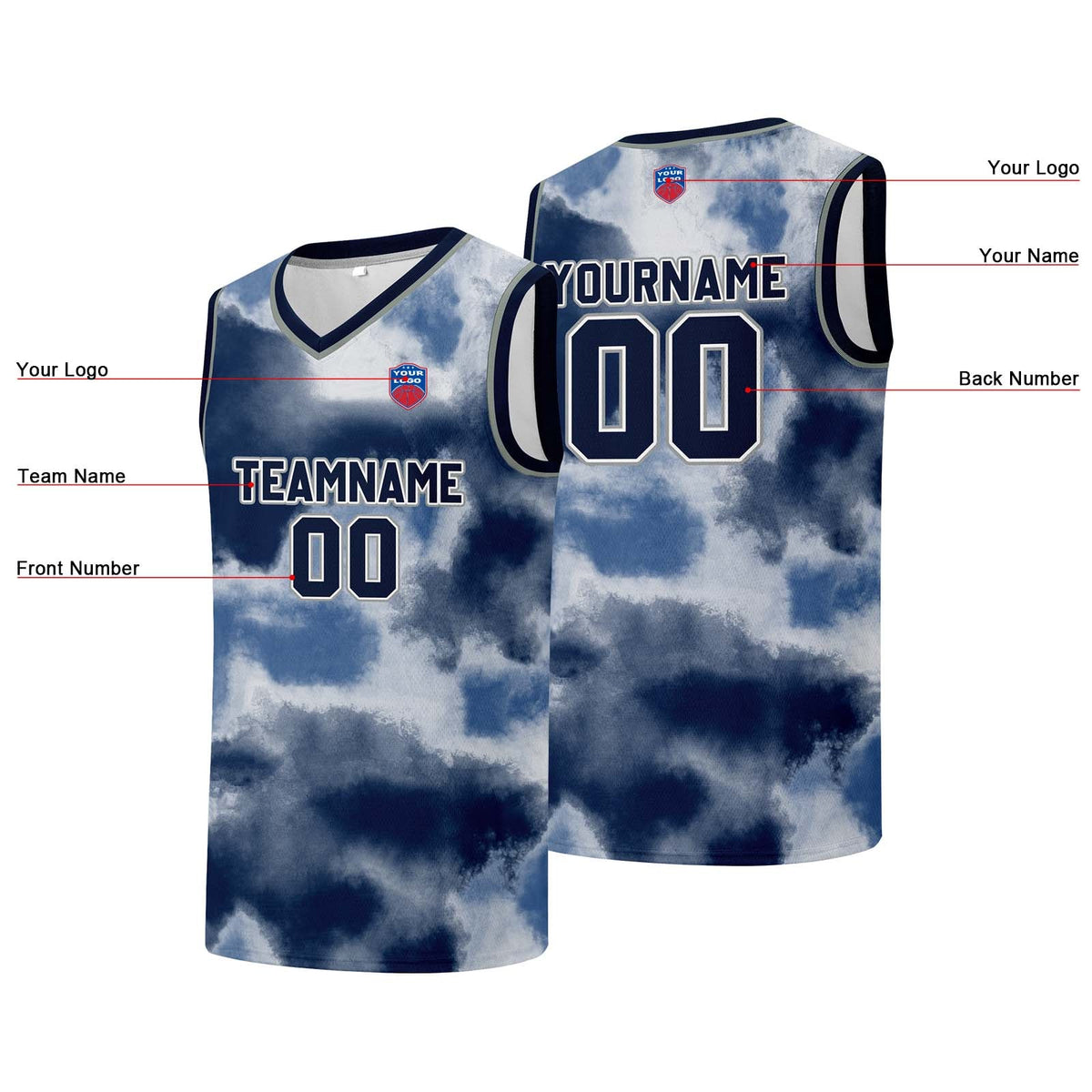 Custom basketball jersey for men and women. Stitched and printed name, number and logo Navy enthsush