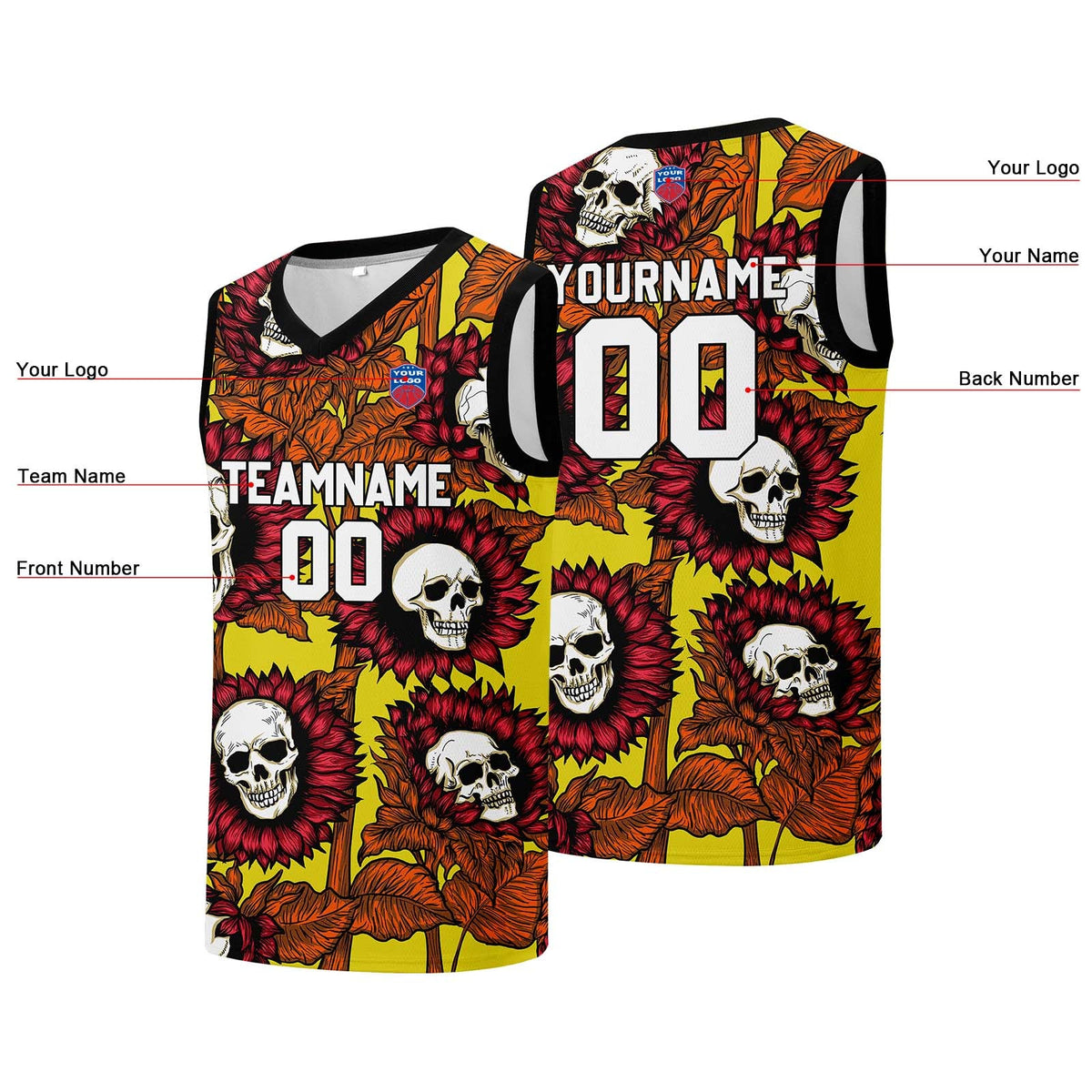 Custom basketball jersey for men and women. Stitched and printed name, number and logo Yellow enthsush