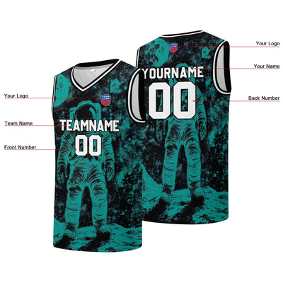 Custom basketball jersey for men and women. Stitched and printed name, number and logo Black&Teal enthsush