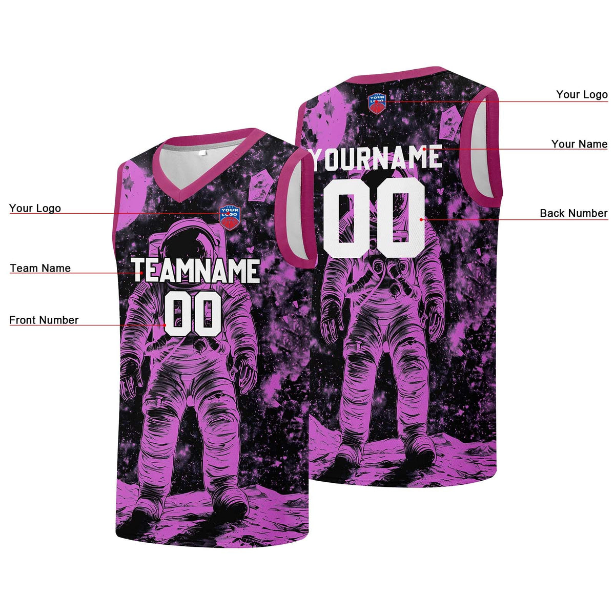 Custom basketball jersey for men and women. Stitched and printed name, number and logo Black&Pink enthsush
