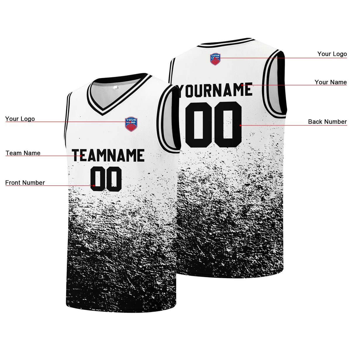 Custom basketball jersey for men and women. Stitched and printed name, number and logo White&Black enthsush