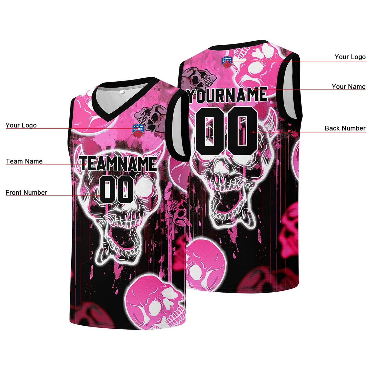 Custom basketball jersey for men and women. Stitched and printed name, number and logo Pink enthsush