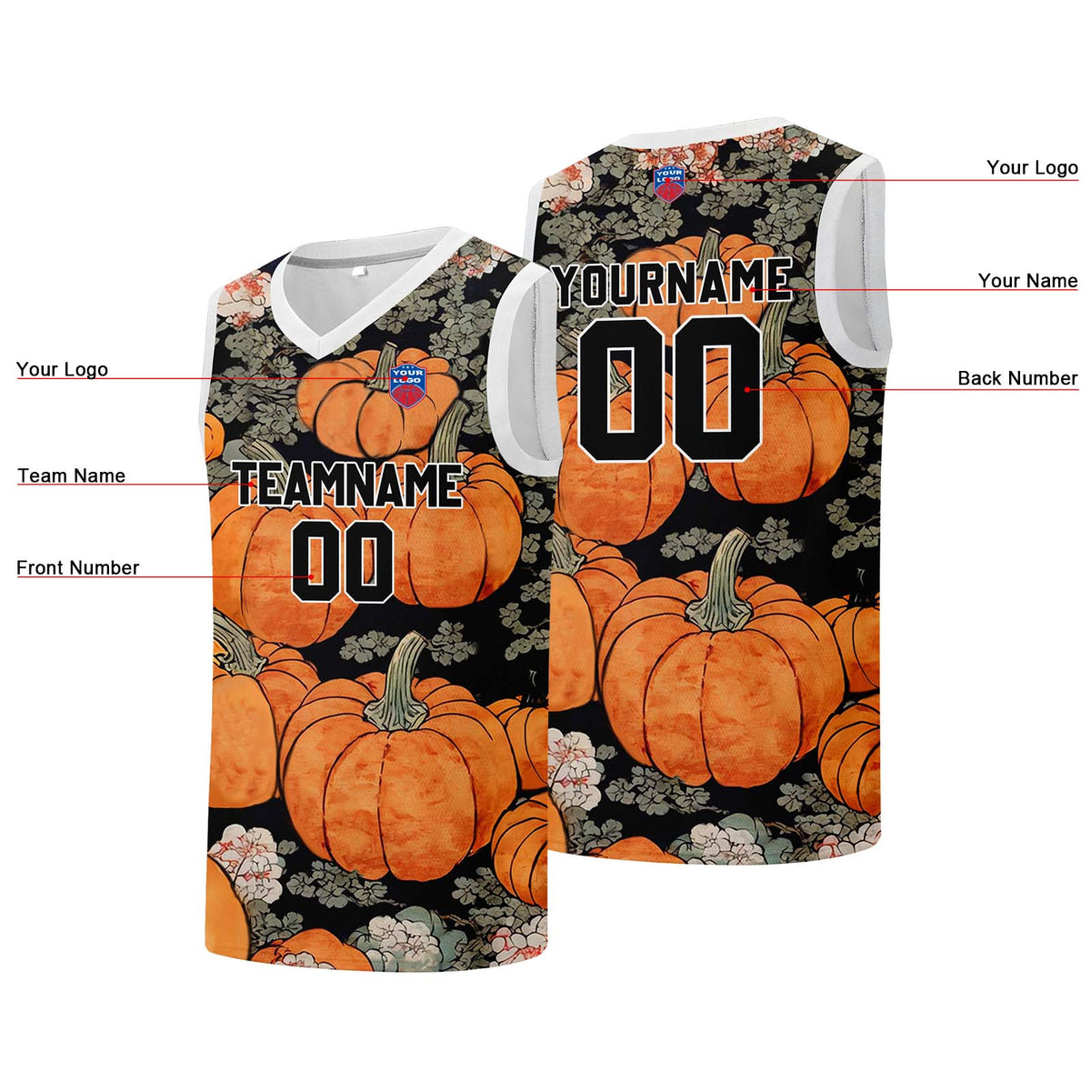 Custom basketball jersey for men and women. Stitched and printed name, number and logo Pumpkin enthsush