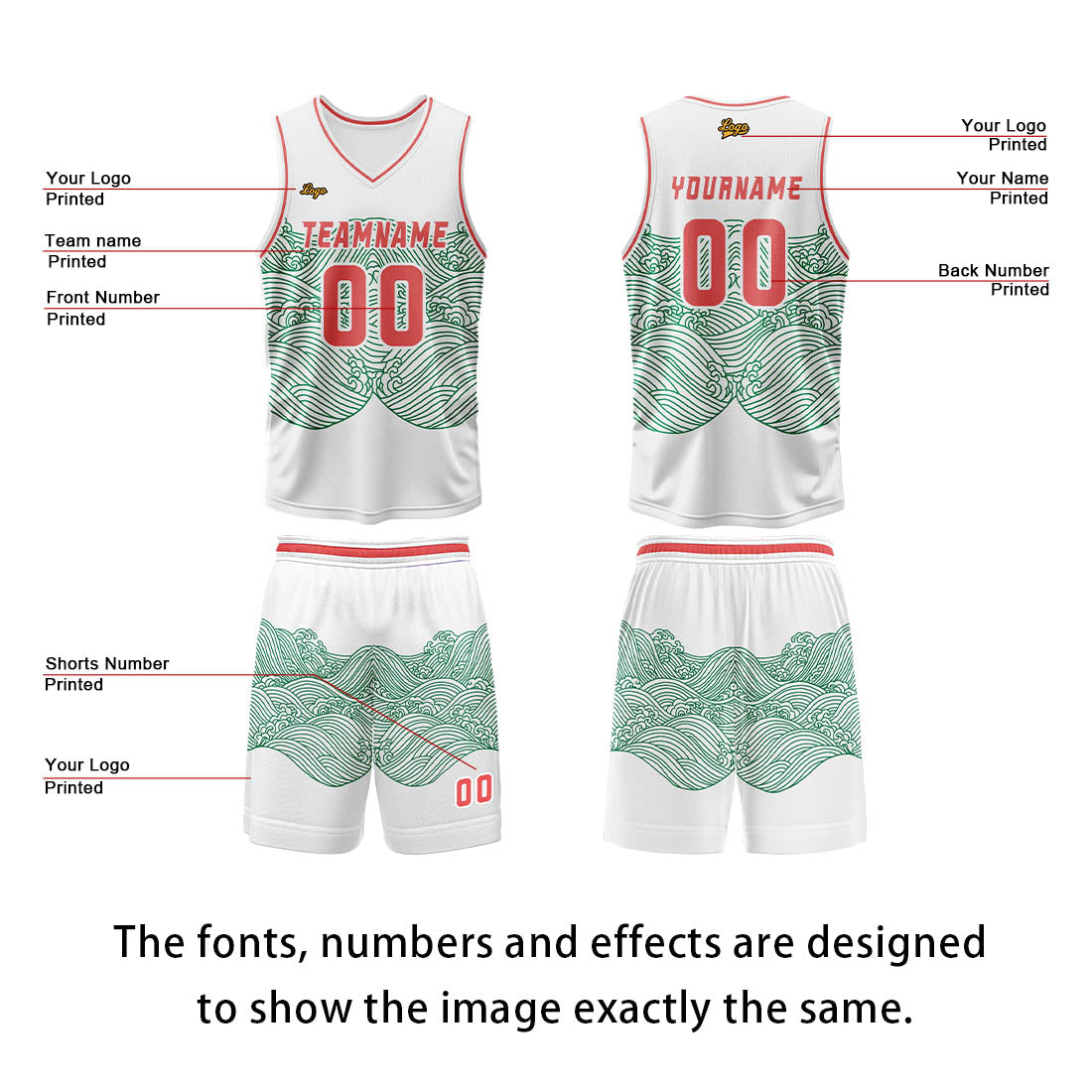 Custom White Green Red Basketball Jersey Uniform Suit Printed Your Logo Name Number enthsush