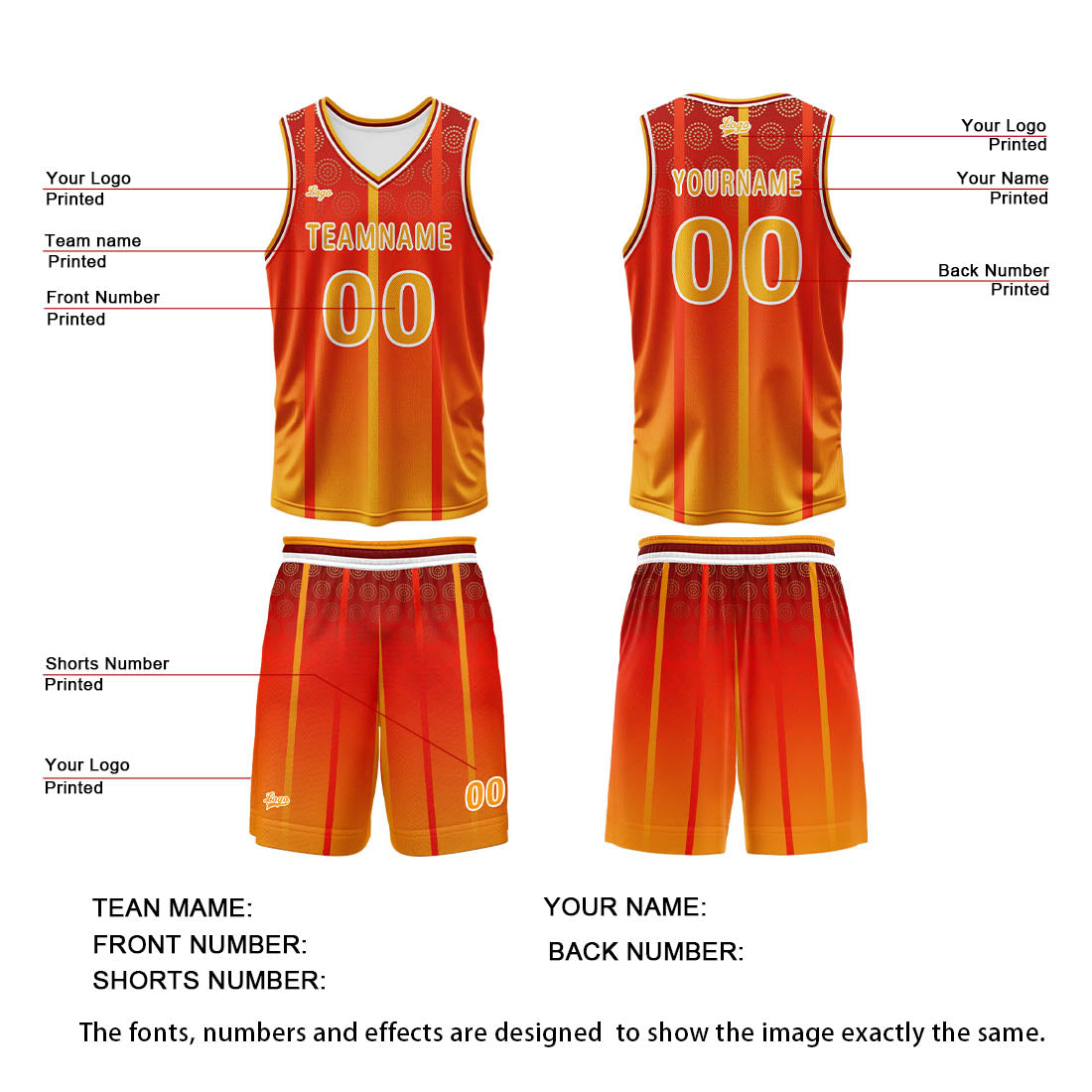 Custom Orange Basketball Jersey Uniform Suit Printed Your Logo Name Number enthsush
