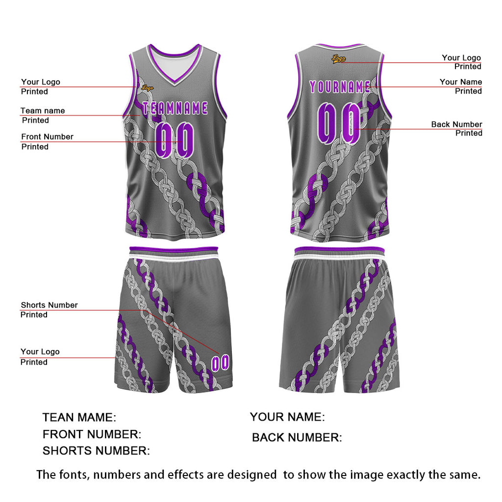 Custom Gray Violet Basketball Jersey Uniform Suit Printed Your Logo Name Number enthsush