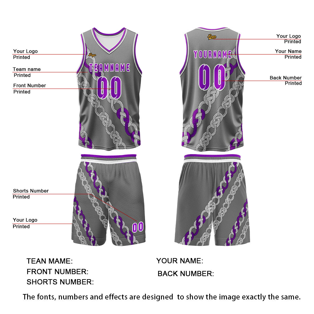 Custom Gray Violet Basketball Jersey Uniform Suit Printed Your Logo Name Number enthsush