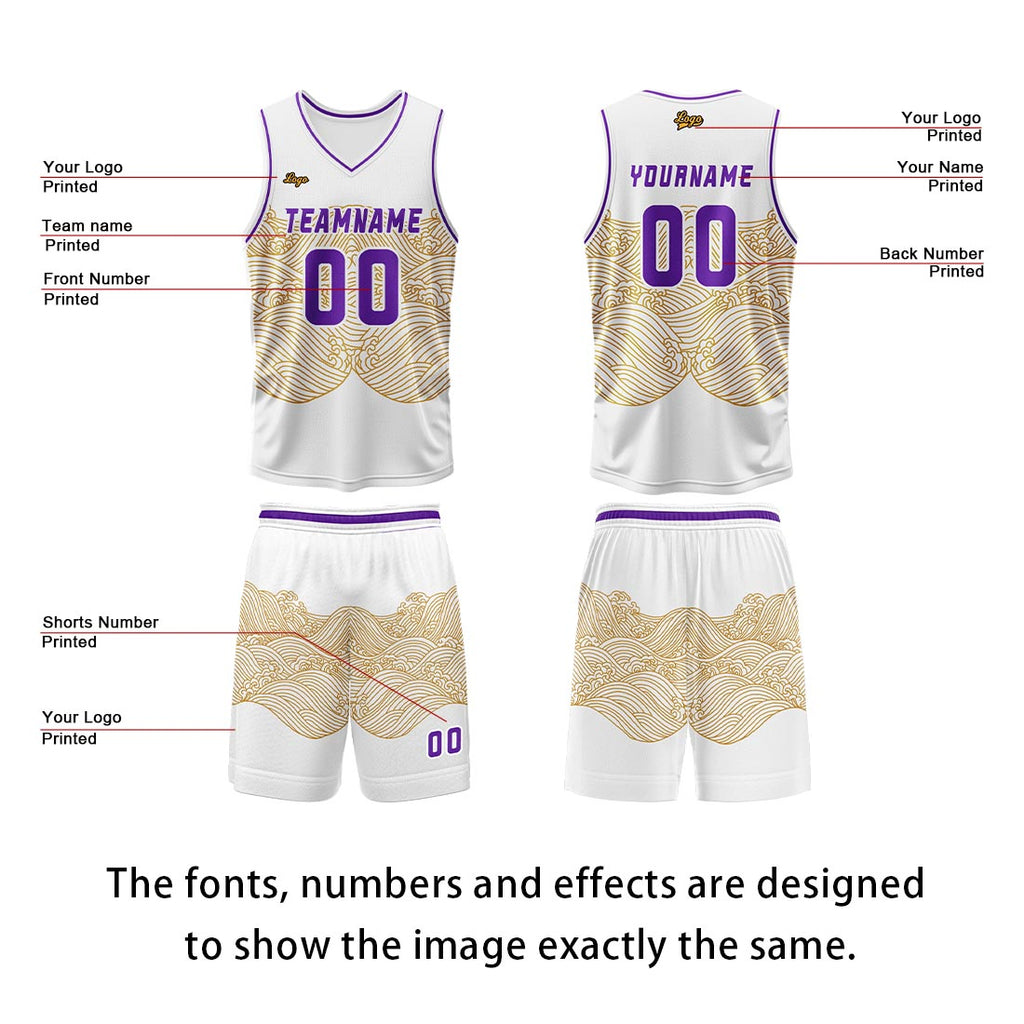 Custom White Yellow Violet Basketball Jersey Uniform Suit Printed Your Logo Name Number enthsush