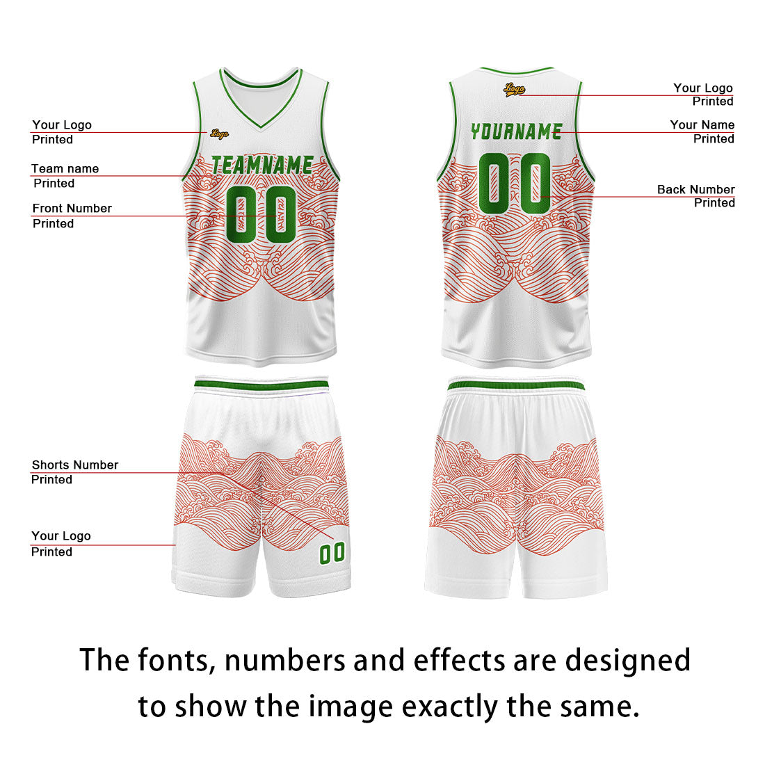 Custom White Red Green Basketball Jersey Uniform Suit Printed Your Logo Name Number enthsush