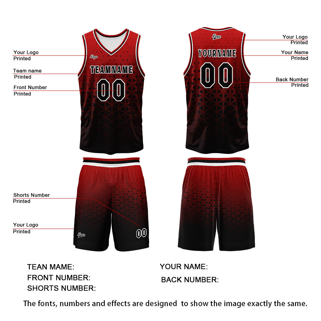 Custom Red Black Basketball Jersey Uniform Suit Printed Your Logo Name Number enthsush
