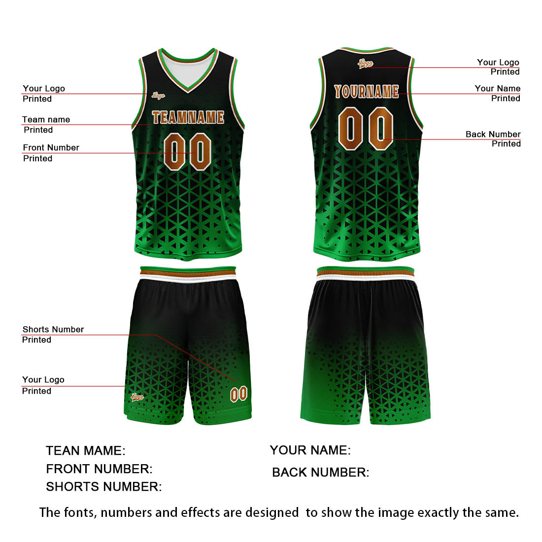 Custom  Green Brown Basketball Jersey Uniform Suit Printed Your Logo Name Number enthsush