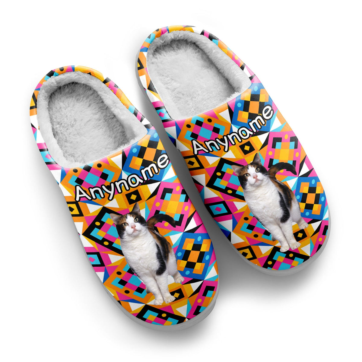 Custom Your Own Personalized Cotton Slippers for Dog Cat Lover Add Any Text Photoes Orange&Pink Block enthsush