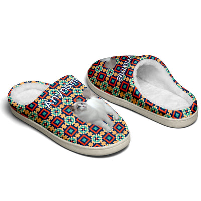 Custom Your Own Personalized Cotton Slippers for Dog Cat Lover Add Any Text Photoes Red&Navy Lattice enthsush