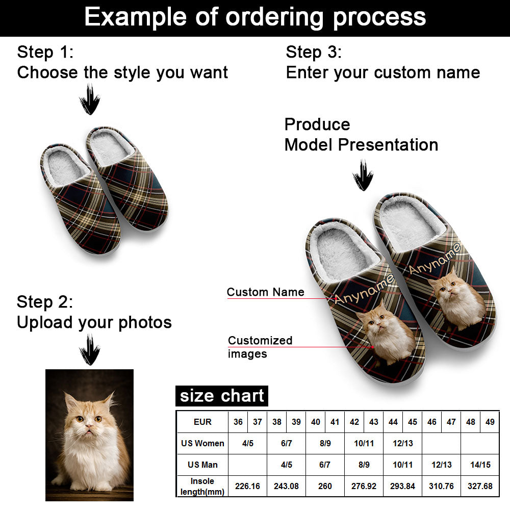 Custom Your Own Personalized Cotton Slippers for Dog Cat Lover Add Any Text Photoes Red&Navy Lattice enthsush