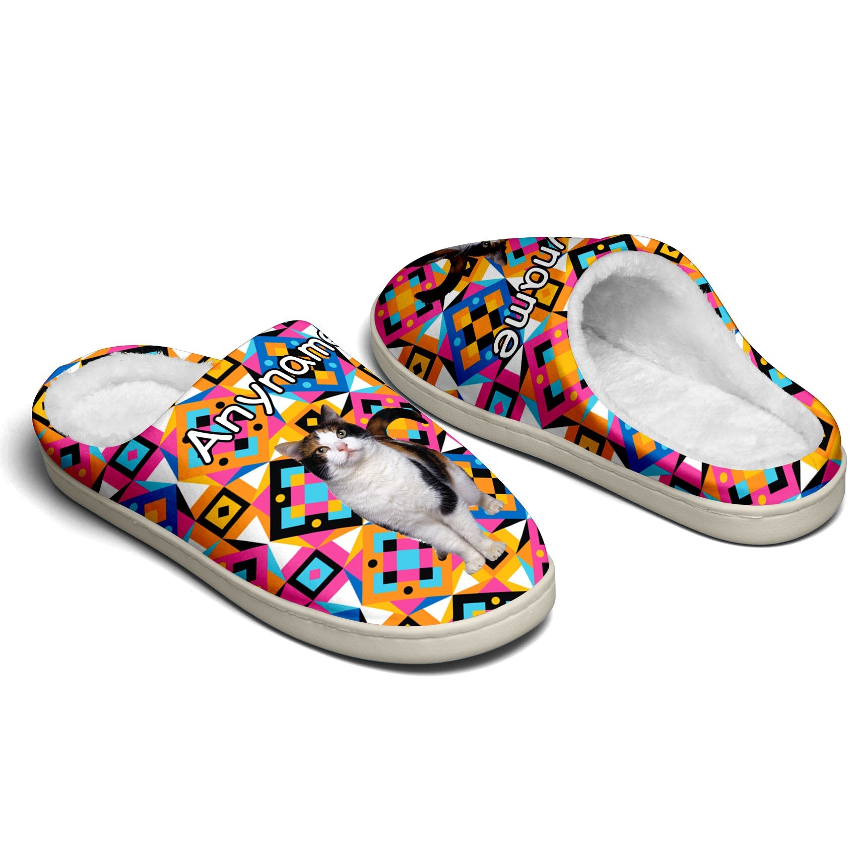 Custom Your Own Personalized Cotton Slippers for Dog Cat Lover Add Any Text Photoes Orange&Pink Block enthsush